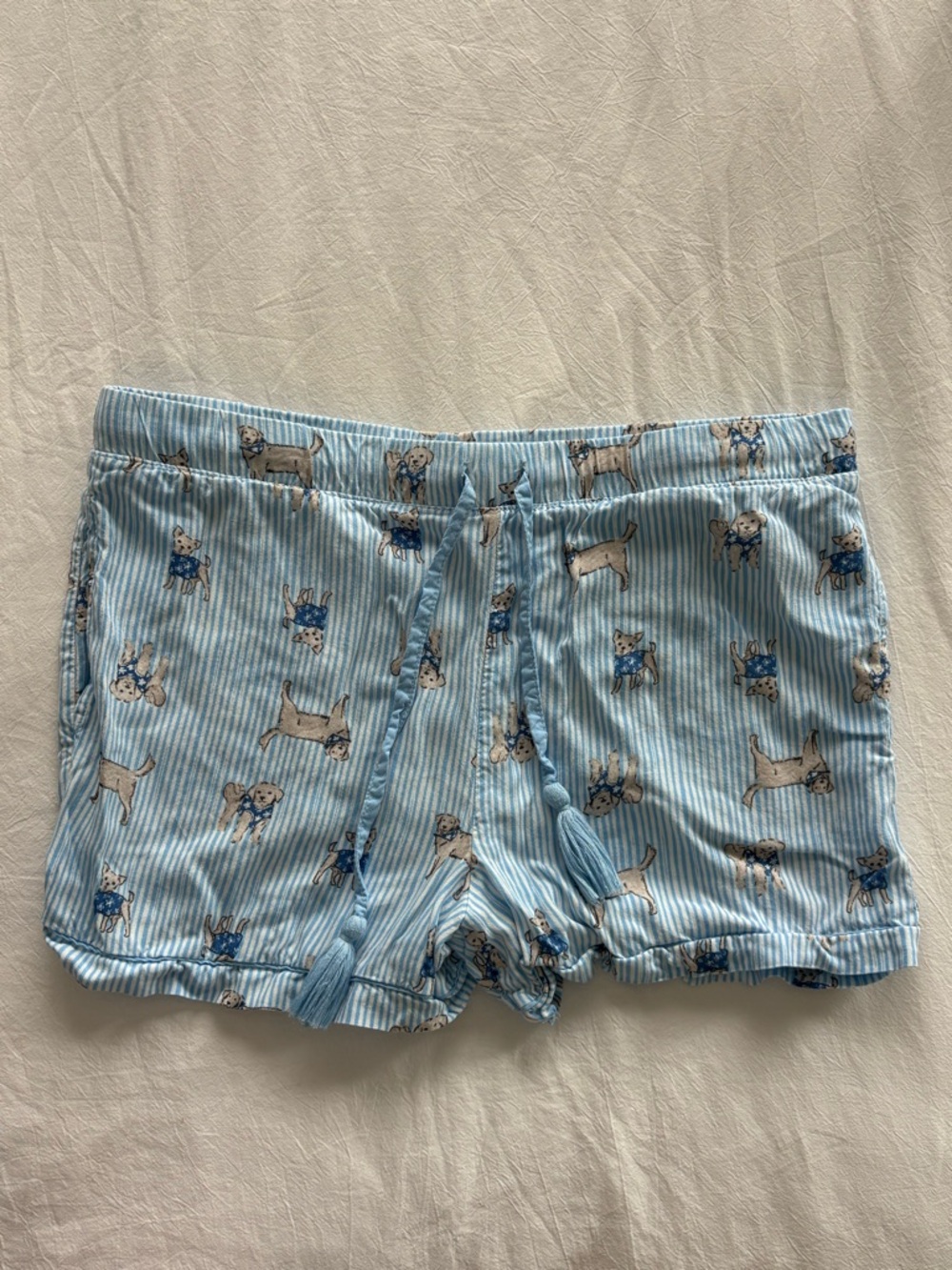 Light Blue Striped High-Waist Women’s Shorts with Dog Print - Picture 4 of 4